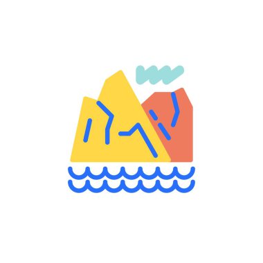 Dağlar ve deniz dalgaları düz ikon, vektör işareti, beyaza izole edilmiş renkli resim. Sembol, logo çizimi. Düz biçim tasarımı