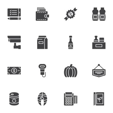 Marketle ilgili vektör simgeleri seti, modern katı sembol koleksiyonu, doldurulmuş biçim piktogram paketi. İşaretler, logo illüstrasyonu. Satış etiketi olarak simgeler, indirim etiketi, sebze, deniz ürünleri, ödeme