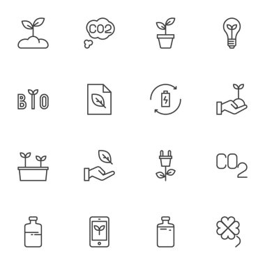 Çevre, ekoloji çizgisi simgeleri seti, ana hatlı vektör sembolü koleksiyonu, doğrusal biçim piktogram paketi. İşaretler, logo illüstrasyonu. Küme, eko kirliliği, CO2 emisyonu, yenilenebilir enerji ve bitki olarak simgeleri içerir