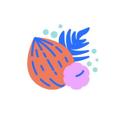 Egzotik meyve yassı ikonu, vektör işareti, beyaz üzerine izole edilmiş hindistan cevizi renkli palmiye ağacı resmi. Sembol, logo çizimi. Düz biçim tasarımı