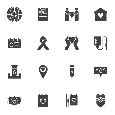 Hayırseverlik, kan bağışı vektör ikonları seti, modern katı sembol koleksiyonu, doldurulmuş resim paketi. İşaretler, logo illüstrasyonu. Kan testi, kan torbası, kanser kurdelesi, gönüllü olarak simgeler