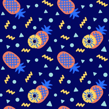 Ananas ikonları deseni. Bütün ananas ve pürüzsüz bir arka plan. Yaz pürüzsüz şablon vektör çizimi