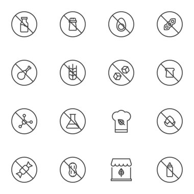 Organik gıda yasaklama işaretleri çizgi simgeleri seti, ana hatlı vektör sembolü koleksiyonu, doğrusal resim paketi. Logo illüstrasyonu işaretleri. Koruyucu, glüten, laktoz ve gmo içermeyen simgeler kümesi
