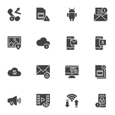 Arayüz bilgilendirme vektör simgeleri seti, modern katı sembol koleksiyonu, doldurulmuş biçim piktogram paketi. İşaretler, logo illüstrasyonu. Simgeleri olduğu gibi ayarla