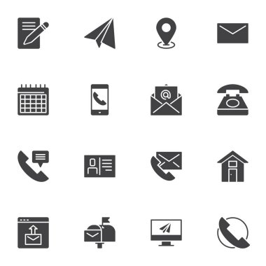 Bize vektör simgeleri seti, modern katı sembol koleksiyonu, doldurulmuş biçim piktogram paketi ile ulaşın. İşaretler, logo illüstrasyonu. Ayarlar e- posta iletisi, cep telefonu araması, telefon desteği, posta kutusu olarak simgeleri içerir