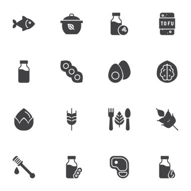 Organik gıda vektör simgeleri seti, modern katı sembol koleksiyonu, doldurulmuş biçim piktogram paketi. İşaretler, logo illüstrasyonu. Sette deniz ürünleri, tofu ekmeği, süt şişesi, bal, biftek, balık gibi ikonlar yer alıyor