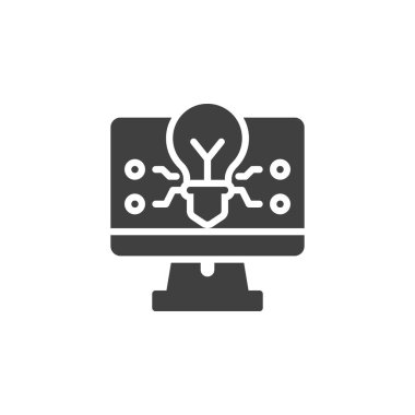 İş yaratıcılığı vektör simgesi. Mobil konsept ve web tasarımı için düz tabela. Fikir lambası sembollü bilgisayar ekranı. Sembol, logo çizimi. Vektör grafikleri