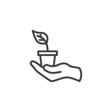 Saksı bitkisi ikonu olan bir el. Mobil konsept ve web tasarımı için doğrusal biçim işareti. El ele tutuşan bitki taslak vektör ikonu. Sembol, logo çizimi. Vektör grafikleri