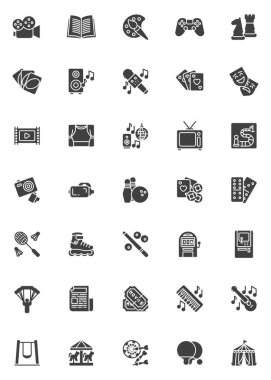 Eğlence ve eğlence vektör simgeleri seti, modern katı sembol koleksiyonu, doldurulmuş resim paketi. İşaretler, logo illüstrasyonu. Set, karaoke müzik, parti, tiyatro ve kumarhane oyunları olarak simgeleri içeriyor