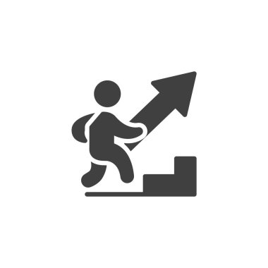 Adam kariyer merdiveni vektör simgesine tırmanıyor. Mobil konsept ve web tasarımı için düz tabela. Kariyer büyümesi simgesi. Sembol, logo çizimi. Vektör grafikleri