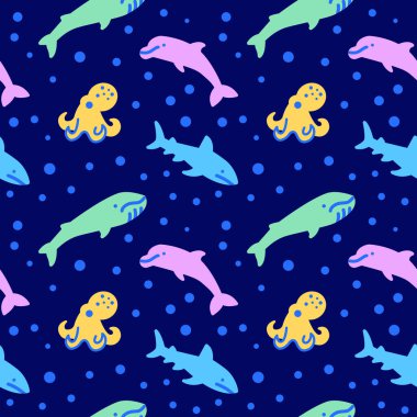 Okyanus hayvan ikonları deseni. Balık ve ahtapot kusursuz bir arka plan. Deniz yaşamı kusursuz desenli vektör çizimi