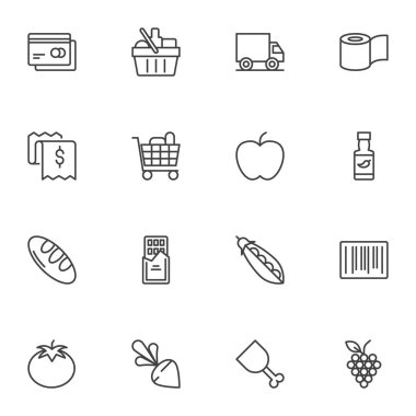 Market alışveriş vektör simgeleri seti, modern katı sembol koleksiyonu, doldurulmuş biçim piktogram paketi. İşaretler, logo illüstrasyonu. Sette alışveriş sepeti, ödeme kartı, teslimat kamyonu ve meyve olarak simgeler yer alıyor