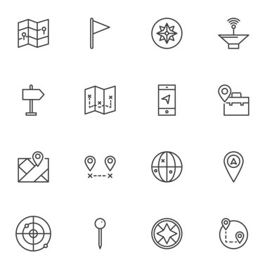Konum belirleme çizgisi simgeleri ayarlandı, ana hat vektör koleksiyonu, doğrusal biçim piktogram paketi. İşaretler, logo illüstrasyonu. Harita işaretleyici, rüzgar, konum iğnesi, coğrafi konum olarak simgeleri içerir