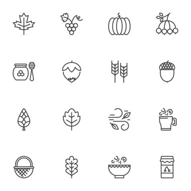 Sonbahar ögeleri çizgi simgeleri seti, ana hat vektör sembolü koleksiyonu, doğrusal biçim piktogram paketi. İşaretler, logo illüstrasyonu. Küme, balkabağı, ağaç yaprağı, akçaağaç yaprağı, buğday hasadı, reçel kavanozu gibi ikonları içerir