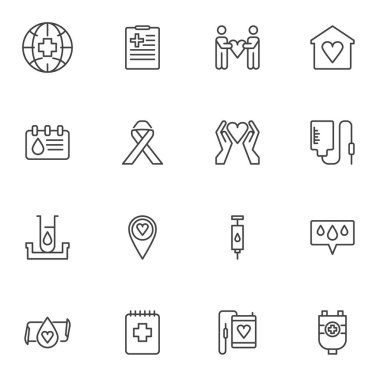 Sadaka, kan bağışı çizgisi simgeleri seti, ana hatlı vektör sembolü koleksiyonu, doğrusal resim paketi. İşaretler, logo illüstrasyonu. Kan testi, kan torbası, kanser kurdelesi, gönüllü olarak simgeler