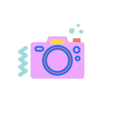 Fotoğraf makinesi düz simgesi, vektör işareti, beyaz üzerine izole edilmiş renkli resim. Sembol, logo çizimi. Düz biçim tasarımı