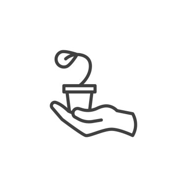 El ele tutuşan saksı hattı ikonu. Mobil konsept ve web tasarımı için doğrusal biçim işareti. El ve saksı bitkisi taslak vektör simgesi. Sembol, logo çizimi. Vektör grafikleri