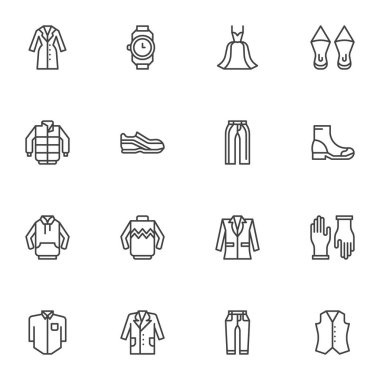Giysi çizgisi simgeleri ayarlandı, taslak vektör sembolü koleksiyonu, doğrusal biçim piktogram paketi. İşaretler, logo illüstrasyonu. Set, kadın elbisesi, ayakkabı, ceket, ceket, kapüşon, kazak, eldiven, pantolon olarak simgeleri içerir