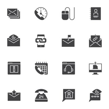 Servis vektör simgeleri seti, modern katı sembol koleksiyonu, doldurulmuş resim paketi ile bağlantı kurun. İşaretler, logo illüstrasyonu. Set simgeleri 24 7 çevrimiçi destek, e-posta telefon iletişimi, sohbet olarak içerir