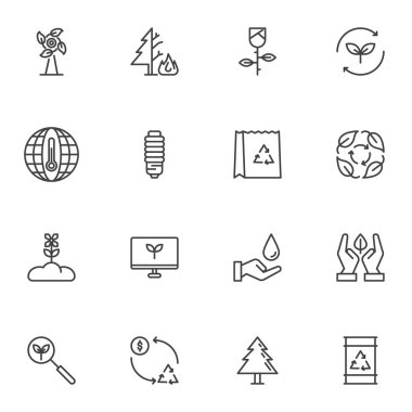 Ekoloji doğa vektör simgeleri seti, modern katı sembol koleksiyonu, doldurulmuş biçim piktogram paketi. İşaretler, logo illüstrasyonu. Küme çöp geri dönüşümü, küresel ısınma, büyüyen bitki ve toprak olarak simgeleri içerir