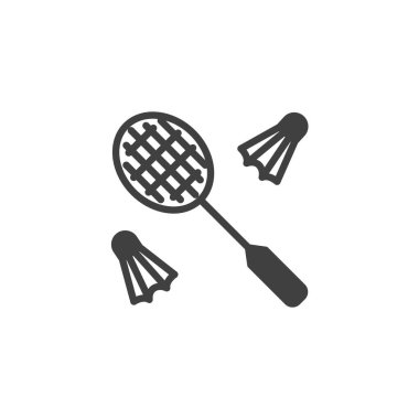 Badminton oyun vektör simgesi. Mobil konsept ve web tasarımı için düz tabela. Shuttlecock ve badminton raket simgesi. Sembol, logo çizimi. Vektör grafikleri