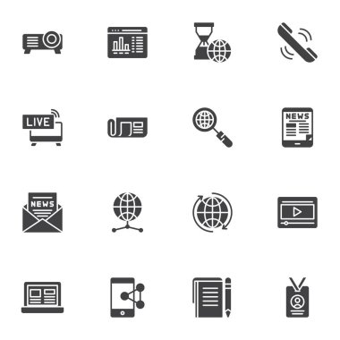 Haber günlüğü vektör simgeleri seti, modern katı sembol koleksiyonu, doldurulmuş biçim piktogram paketi. İşaretler, logo illüstrasyonu. Set simgeleri canlı yayın, haber bülteni, gazete, projektör, notlar olarak içerir