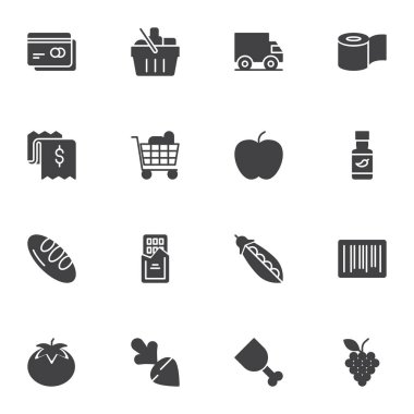 Market alışveriş vektör simgeleri seti, modern katı sembol koleksiyonu, doldurulmuş biçim piktogram paketi. İşaretler, logo illüstrasyonu. Sette alışveriş sepeti, ödeme kartı, teslimat kamyonu ve meyve olarak simgeler yer alıyor