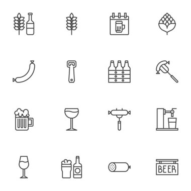 Oktoberfest çizgi simgeleri seti, ana hatlı vektör sembolü koleksiyonu, bira festivali doğrusal piktogram paketi. İşaretler, logo illüstrasyonu. Sekme konisi olarak simgeler, bira kupası, şişe açacağı, sosis