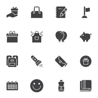 Promosyon vektör simgeleri seti, modern katı sembol koleksiyonu, doldurulmuş biçim piktogram paketi. İşaretler, logo illüstrasyonu. Sette hediye kutusu bonusu olarak simgeler, alışveriş torbası, su şişesi, okul çantası, önlük