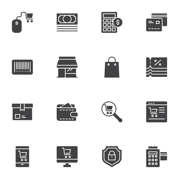 Conjunto Iconos Vectoriales Compras Línea Colección Símbolos Sólidos Modernos Paquete — Vector de stock