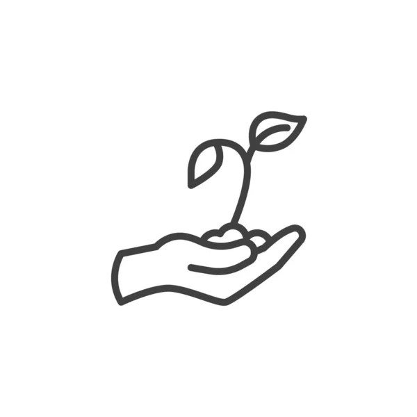 Hand holding plant with leaves line icon. linear style sign for mobile concept and web design. Hand with sprout outline vector icon. Symbol, logo illustration. Vector graphics