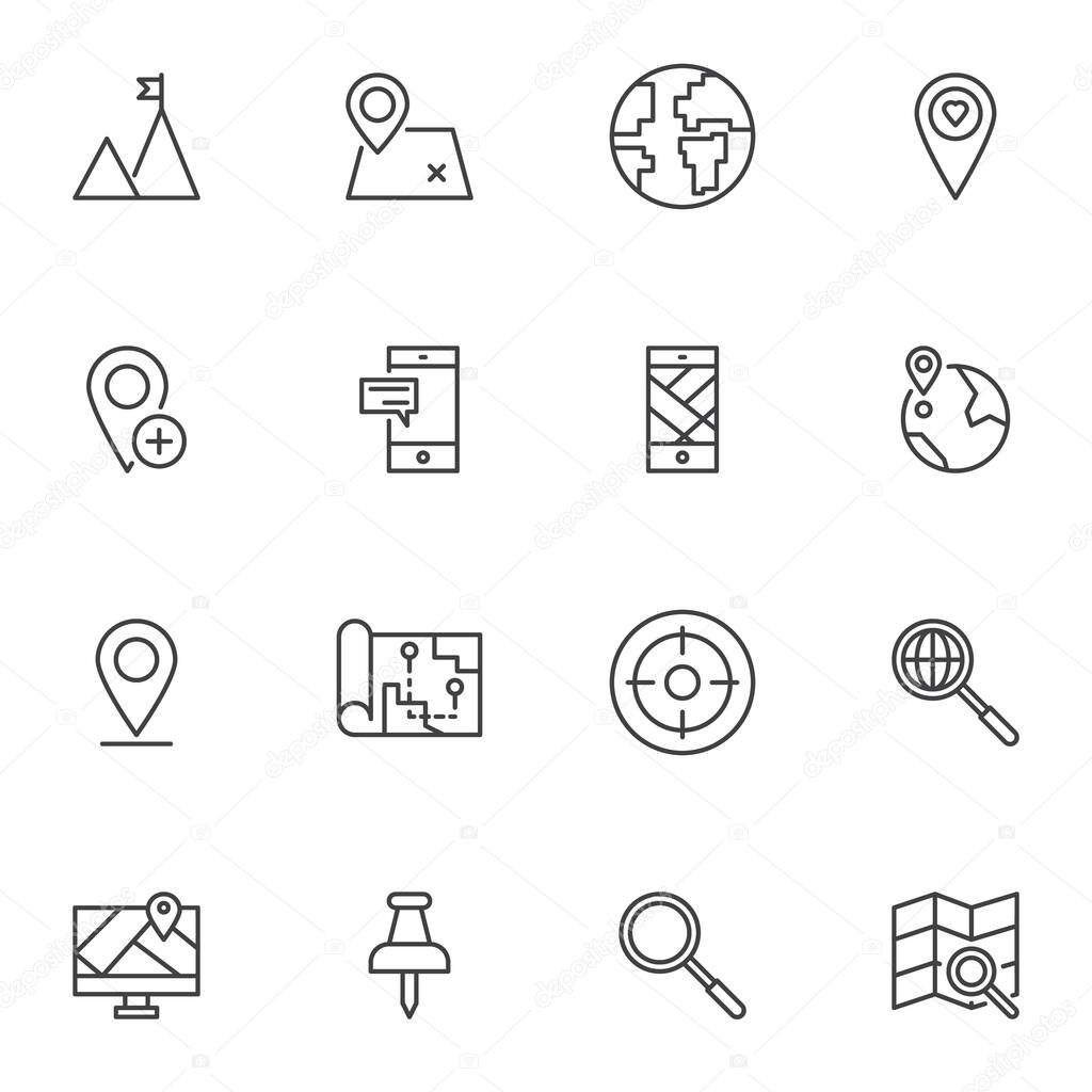 Cartography line icons set, geo location outline vector symbol collection, linear style pictogram pack. Signs logo illustration. Set includes icons as earth globe, map marker, location pin, smartphone