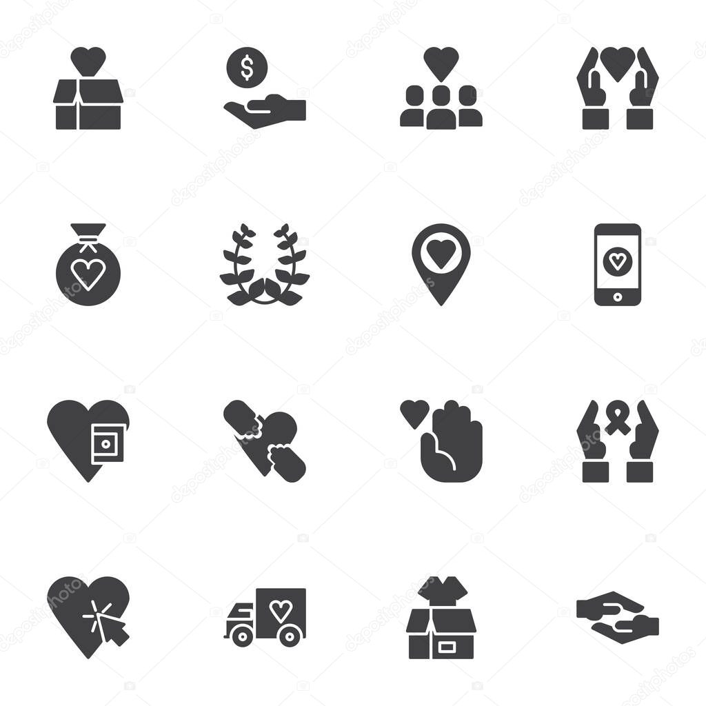 Charity and donation vector icons set, modern solid symbol collection, filled style pictogram pack. Signs, logo illustration. Set includes icons as money donate, hand giving heart, awareness ribbon