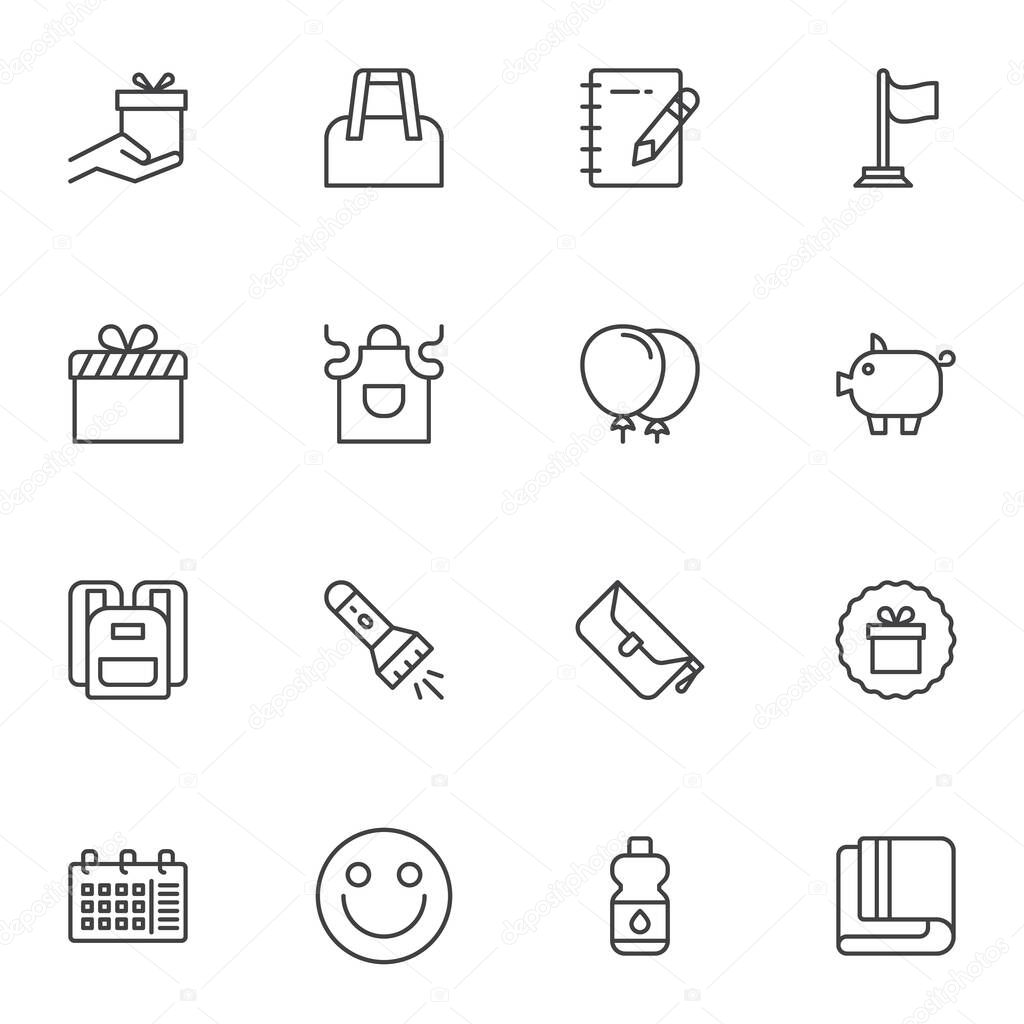 Promotional line icons set, outline vector symbol collection, linear style pictogram pack. Signs, logo illustration. Set includes icons as gift box bonus, shopping bag, water bottle, school bag, apron