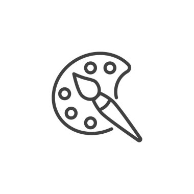 Renk paleti çizgi simgesi. Mobil konsept ve web tasarımı için doğrusal biçim işareti. Palet ana hatlı vektör simgesiyle boya fırçası. Sembol, logo çizimi. Vektör grafikleri