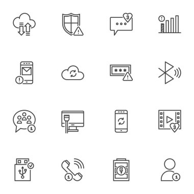 UI bildirim çizgisi simgeleri seti, ana hatlı vektör sembolü koleksiyonu, doğrusal biçim piktogram paketi. İşaretler, logo illüstrasyonu. Yeni ileti bildirimi olarak simgeleri, veri senkronizasyonu, pil şarjı, wifi