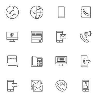 Çizgi simgeleri, ana hat vektör koleksiyonu, doğrusal biçim piktogram paketi ile bağlantı kurun. İşaretler, logo illüstrasyonu. Çevrimiçi destek olarak simgeleri, iletişim defterini, cep telefonu e- postasını ve müşteri hizmetlerini içerir