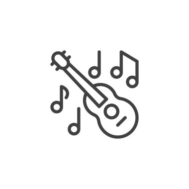 Gitar müziği çizgisi simgesi. Mobil konsept ve web tasarımı için doğrusal biçim işareti. Akustik gitar notaları ana hatlı vektör simgesi. Sembol, logo çizimi. Vektör grafikleri