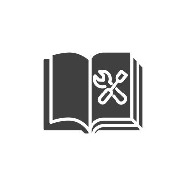 Elle kitap vektör simgesi. Mobil konsept ve web tasarımı için düz tabela. Teknik manüel kullanım sembolü. Sembol, logo çizimi. Vektör grafikleri