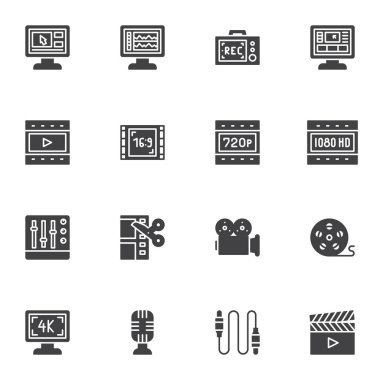 Video yapım vektör simgeleri seti, video içeriği modern katı sembol koleksiyonu, doldurulmuş biçim piktogram paketi. İşaretler, logo illüstrasyonu. Set, film şeridi, ses kaydı, bilgisayar olarak simgeleri içerir
