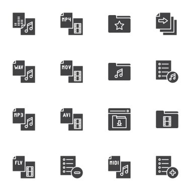 Video ve ses dosya vektör simgeleri seti, modern katı sembol koleksiyonu, doldurulmuş biçim piktogram paketi. İşaretler, logo illüstrasyonu. Müzik galerisi dizini, avi biçimi, mp3, wav, çalma listesi olarak simgeleri ayarla
