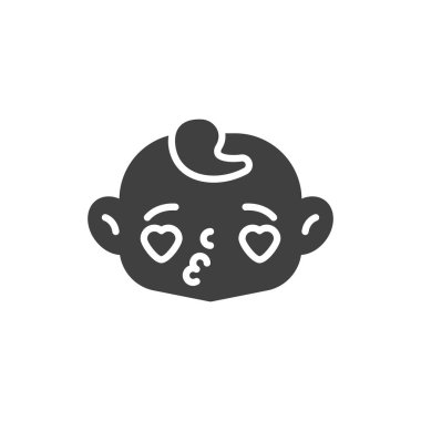 Kalp gözü vektör simgesi olan çocuk yüzü. Mobil konsept ve web tasarımı için düz tabela. Bebek öpücük sembolü üfleme. Sembol, logo çizimi. Vektör grafikleri