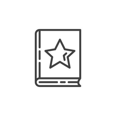 Favori kitap satırı ikonu. Mobil konsept ve web tasarımı için doğrusal biçim işareti. Yıldız çizgisi vektör simgesi içeren bir kitap. Sembol, logo çizimi. Vektör grafikleri