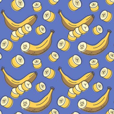 Dilimlenmiş muz ikonları deseni. Muz gıdası kusursuz bir arka plan. Kusursuz desen vektör çizimi