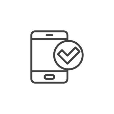 Akıllı telefon kontrol çizgisi simgesi. Mobil konsept ve web tasarımı için telefon doğrulama işareti. Akıllı telefon tasdik edilmiş ana hat vektör simgesi. Sembol, logo çizimi. Vektör grafikleri