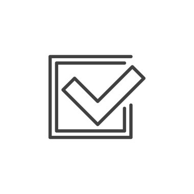 Onayla, kene çizgisi simgesi. Mobil konsept ve web tasarımı için doğrusal işaret. Heck kutusu işaretli ana hatlı vektör simgesi. Sembol, logo çizimi. Vektör grafikleri