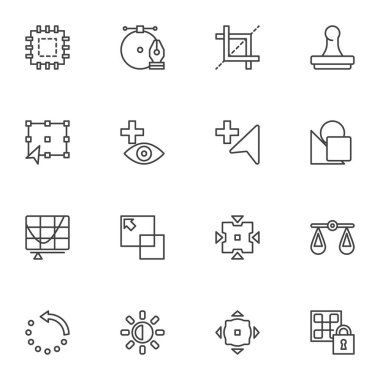Grafik Tasarım araçları satır simgeleri seti, ana hat vektör sembolü koleksiyonu, doğrusal biçim piktogram paketi. Logo illüstrasyonu işaretleri. Kalem aracı imleci olarak simgeleri küme, boyut ögesi, katmanlar, kırpma