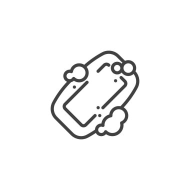 Antibakteriyel sabun hattı ikonu. Mobil konsept ve web tasarımı için doğrusal biçim işareti. Köpük hatlı vektör ikonlu sabun çubuğu. Sembol, logo çizimi. Vektör grafikleri