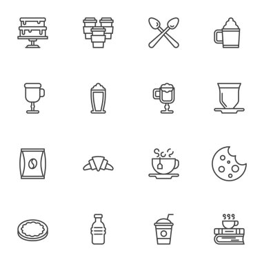 Kahve dükkanı simgeleri seti, taslak vektör sembolü koleksiyonu, doğrusal resim paketi. İşaretler, logo illüstrasyonu. Kek olarak simgeler, kahve fincanı, kruvasan, kurabiye, süt şişesi