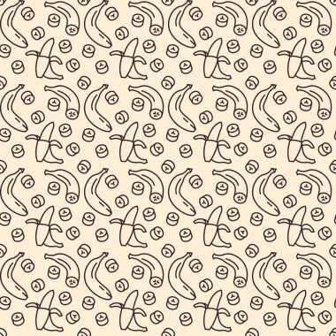 Muz kabuğu simgeleri deseni. Dilimlenmiş muzlar kusursuz bir arka plan. Kusursuz desen vektör çizimi